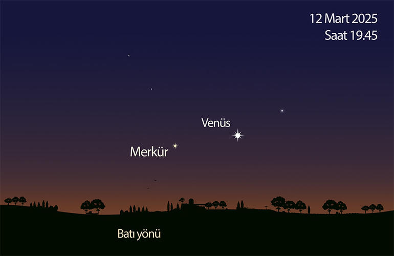 12 Mart akşamı Merkür’ü ve Venüs’ü batı yönünde ufkun hemen üzerinde birbirine yakın görebilirsiniz.