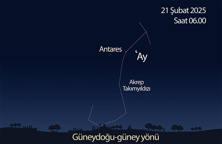  21 Şubat’ta da Ay ile Akrep Takımyıldızı’nın parlak yıldızı Antares’i yani Akrep’in Gözü’nü birbirine çok yakın görebilirsiniz.